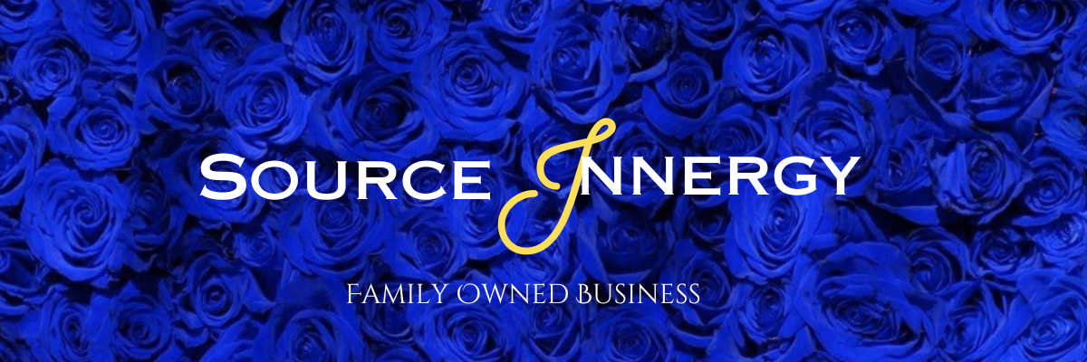 "Source Innergy logo on a backdrop of blue roses, representing a family-owned brand offering raw organic healthy hair oil and uplifting books for kids and adults that inspire soul growth, inner healing, and natural outer beauty."