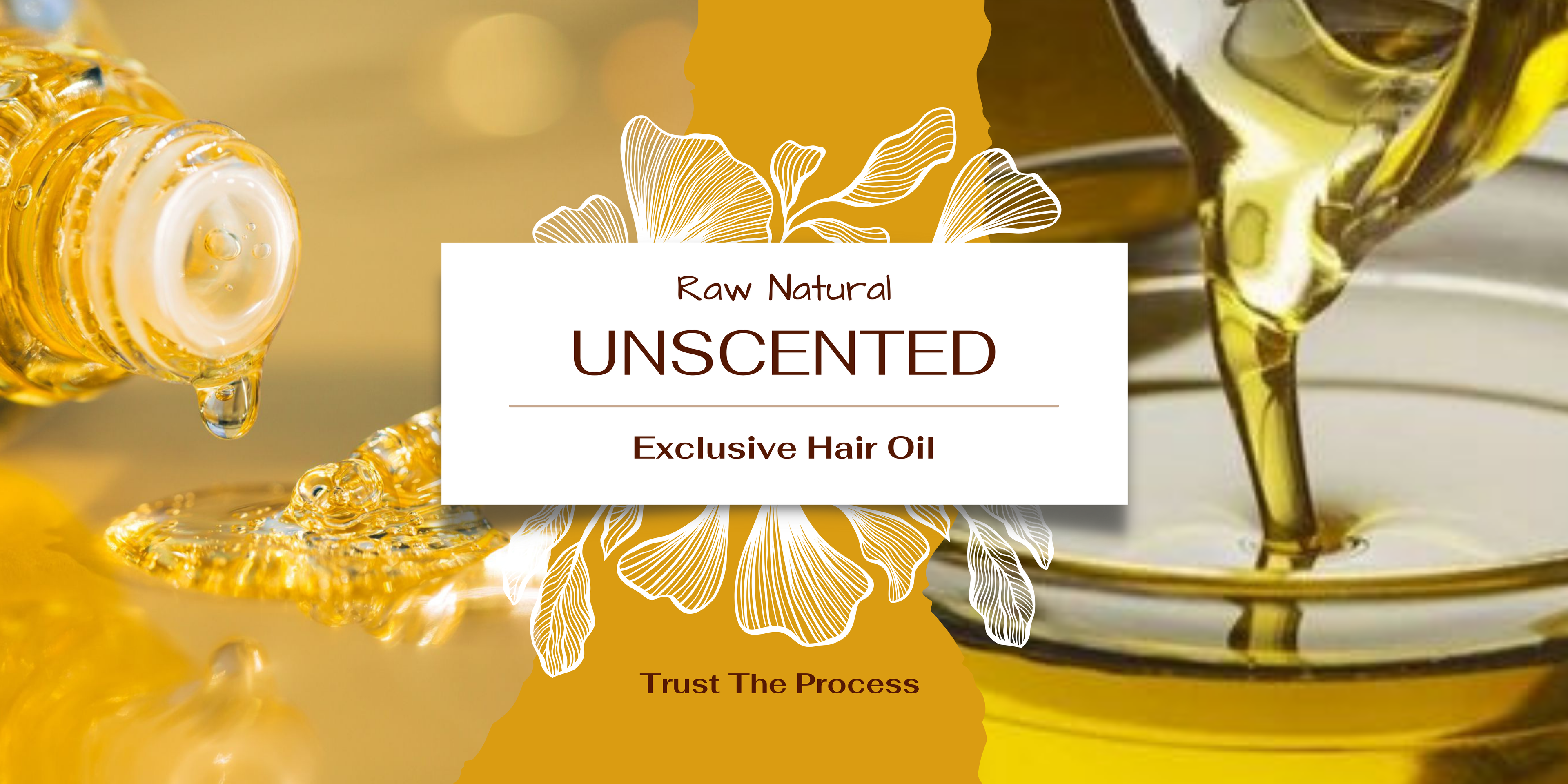 "Visual of raw natural hair oil for dryness, featuring golden oil being poured and dripped, highlighting an unscented, exclusive formula made with organic, non-chemical ingredients—designed to deeply nourish dry hair and promote healthy shine."