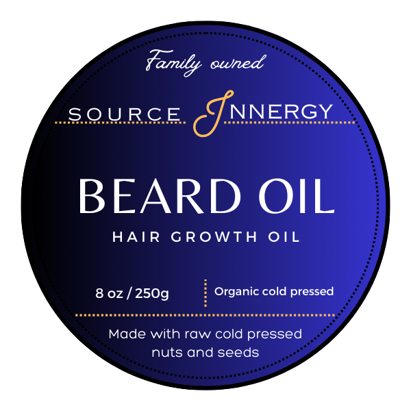 "Source Innergy Beard Oil label – organic cold-pressed hair growth oil made from raw nuts and seeds. Family-owned brand delivering natural beard care with pure, chemical-free ingredients for stronger, thicker, and healthier beards."